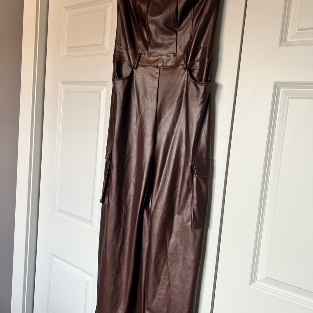Faux leather cargo  Brown Jumpsuit